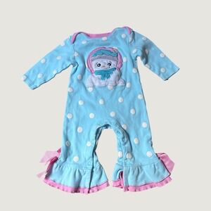 Three Sisters Romper Girls Blue Polka Dot Snowman Ruffle SIZE 9M